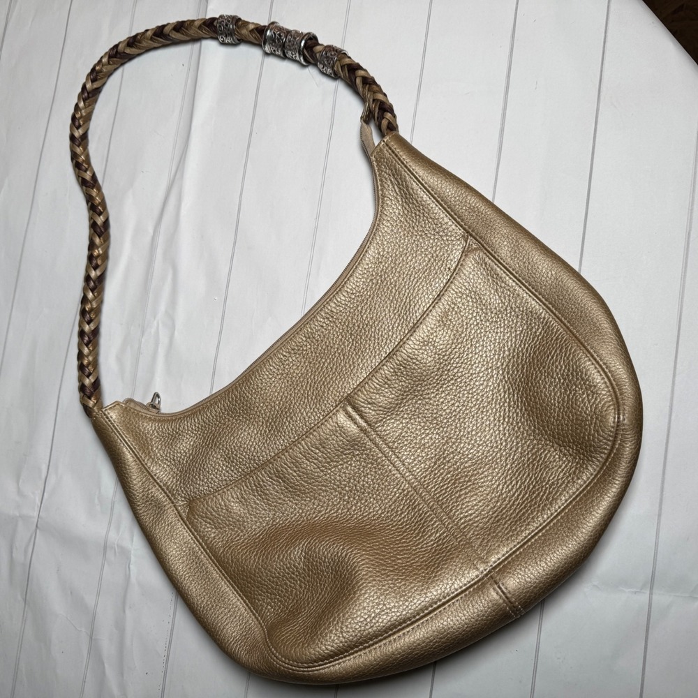 Brighton Barbados Hobo Shoulder‎ Bag Pebble Leather Metallic Gold Woven Strap